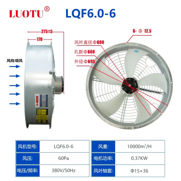 0.37kw 扇葉直徑600mm 風(fēng)量10000m3/尼龍風(fēng)葉